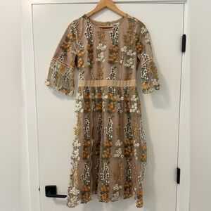 Polagram Beige Floral Embroidered Long Sleeve Dress